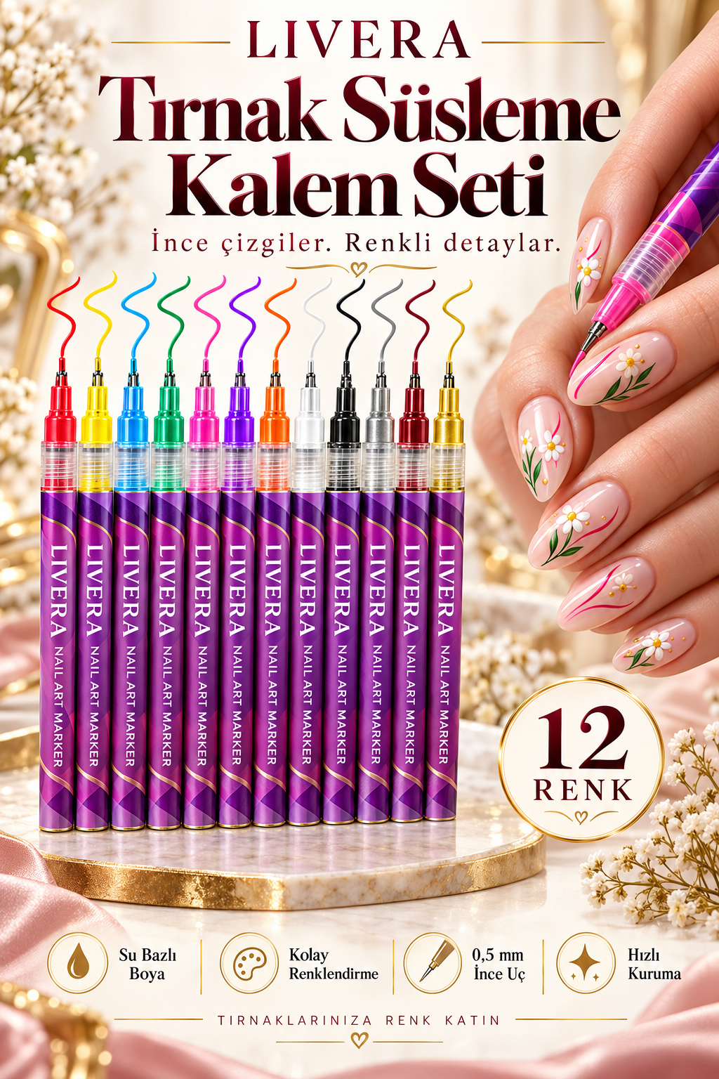 CLAW 12 Renk Nail Art Tırnak Süsleme Kalemi Seti